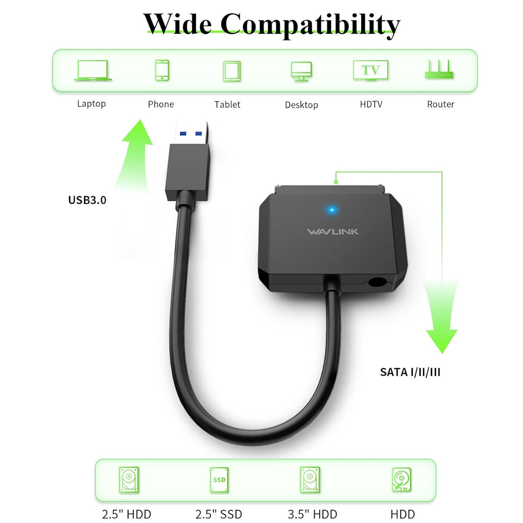 WAVLINK SATA to USB Type-A Hard Drive Cable, 5Gbps USB3.0 to Sata Cable Support UASP, External Hard Drive SATA I/II/III Connector 2.5" SSD/HDD and 3.5" HDD up to 20TB