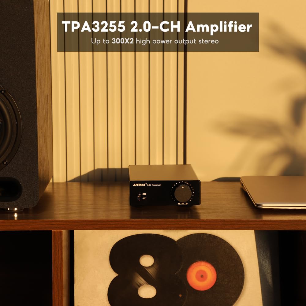 AIYIMA A07 Premium TPA3255 Power Amplifier 300Wx2 HiFi Class D Amp Mini 2 Channel Stereo Amplifier for Desktop Bookshelf Speaker Home Audio Theater System with DC 32V Power Adapter