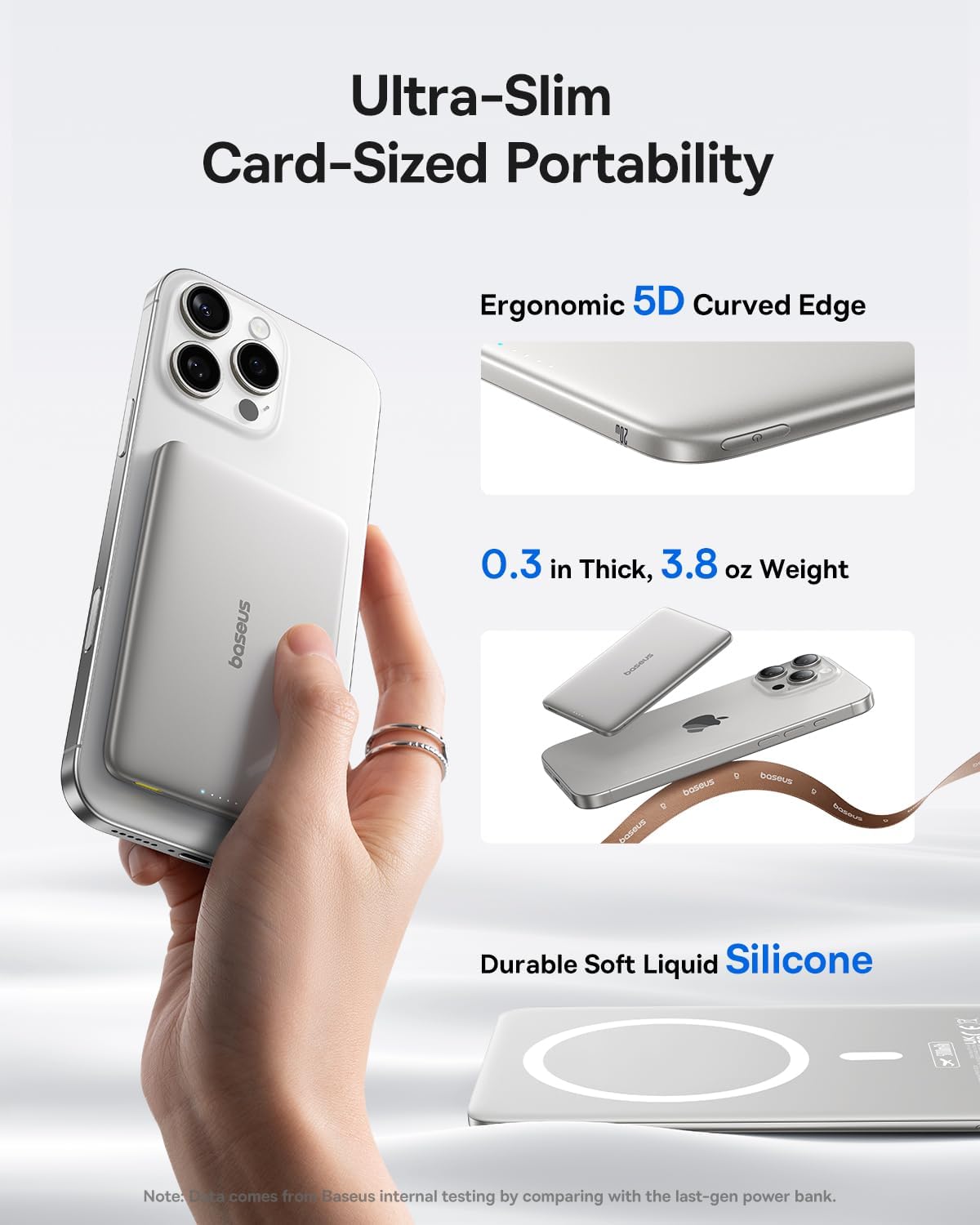 Baseus Picogo Power Bank, 0.3" Ultra Slim 5000mAh MagSafe Portable Charger with USB-C Braided Cable, Card-Size Magnetic Battery Pack, Alloy Wireless Fast Charger for iPhone 16/15/14/13/12, Lightweight
