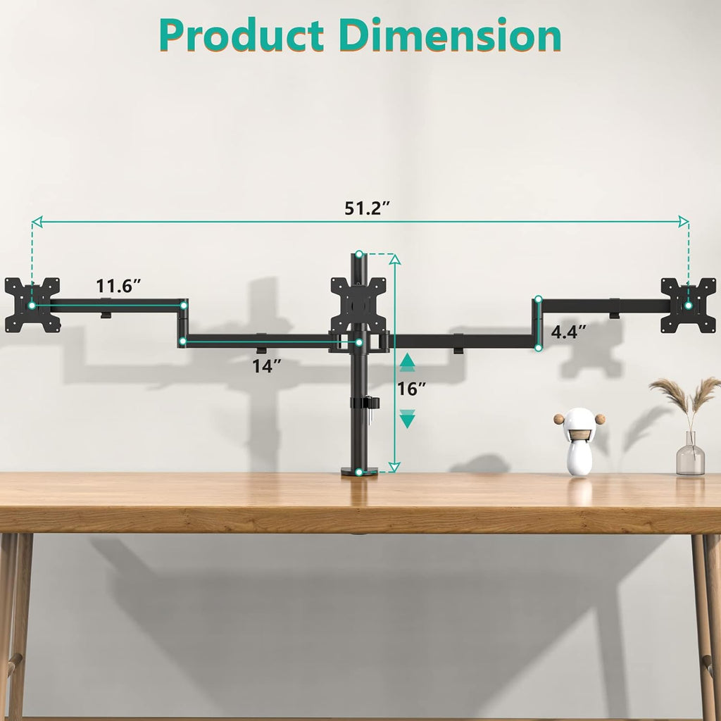 WALI Triple Monitor Mount, 3 Monitor Desk Mount for 13-27 inch Computer Screens, Holds up to 22 lbs, Triple Monitors Stand for Desk, with Tilt, Swivel, Rotation, VESA 75/100mm (M003S), Black