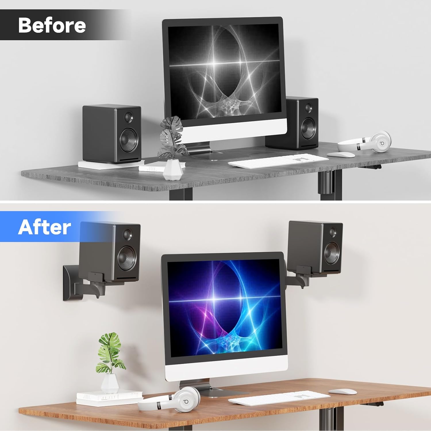 Suptek Speaker Wall Mounts - Dual Speaker Stands for Surround Sound, Universal Bracket, Tilt Swivel Shelves Up to 55lbs (Black, 2 Pack)