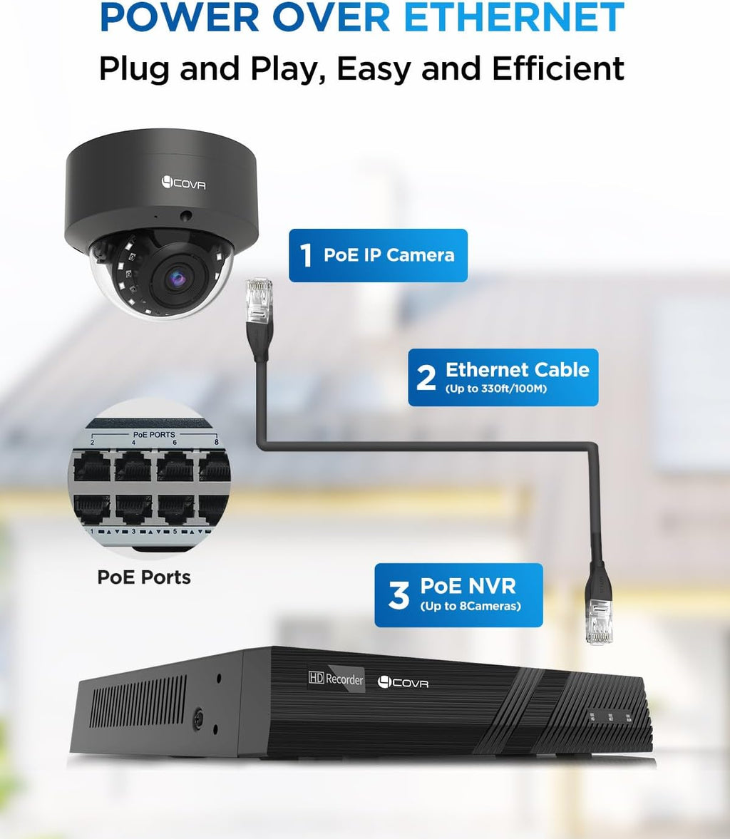4COVR 4K Security Camera System, 8X 8MP IK10 Vandal-Proof IP67 Dome PoE IP Camera with Audio, 8CH NVR 2TB HDD, AI Human Vehicle Detection & IR Night Vision, 24/7 Home Outdoor Recording, LY54AB8M0808