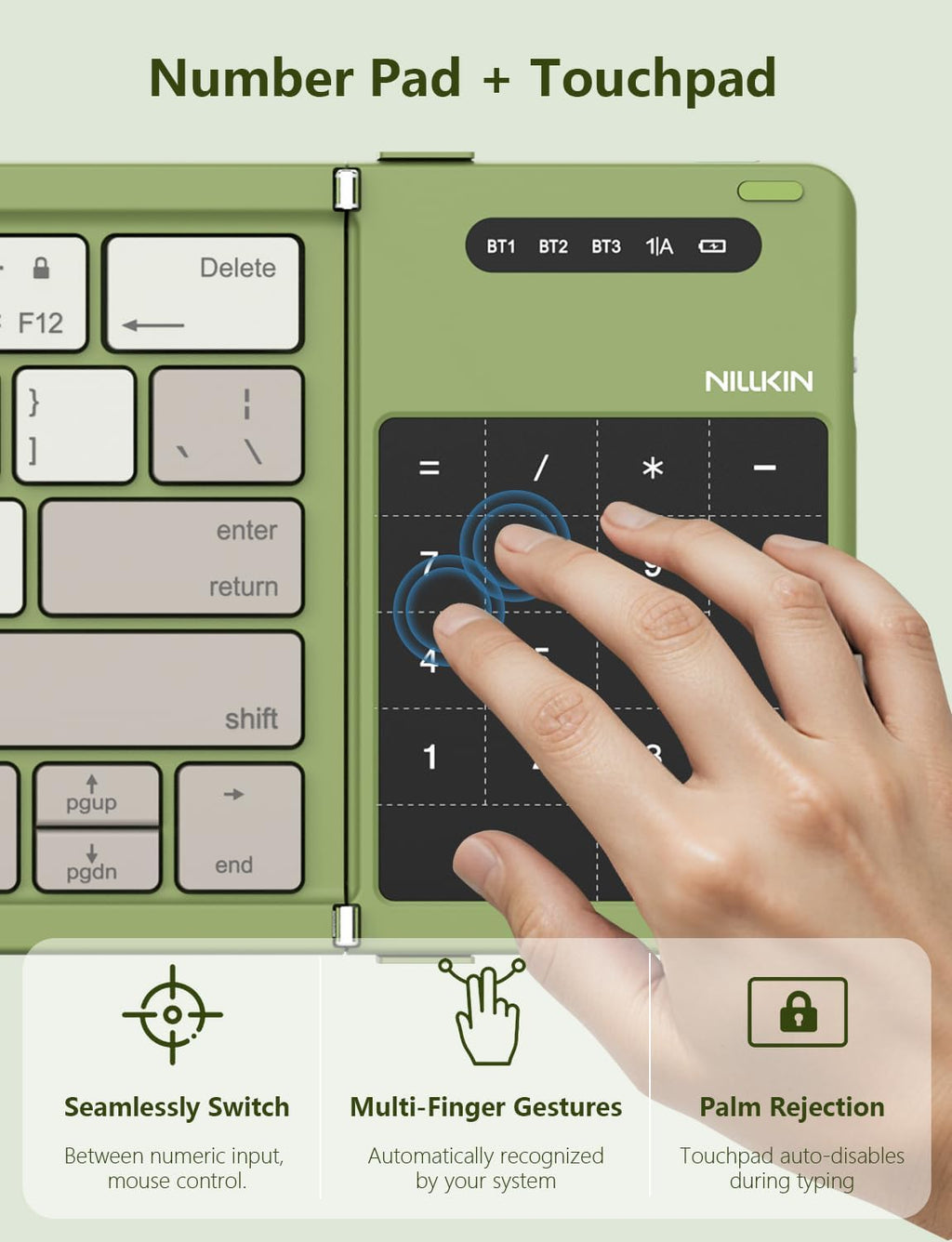Nillkin Foldable Bluetooth Keyboard with Touchpad & Number Pad, Portable Bluetooth Keyboard with Full Size Keys, Pocket-Sized Wireless Travel Keyboards for iPad, Smartphone, Tablet and Laptop Green