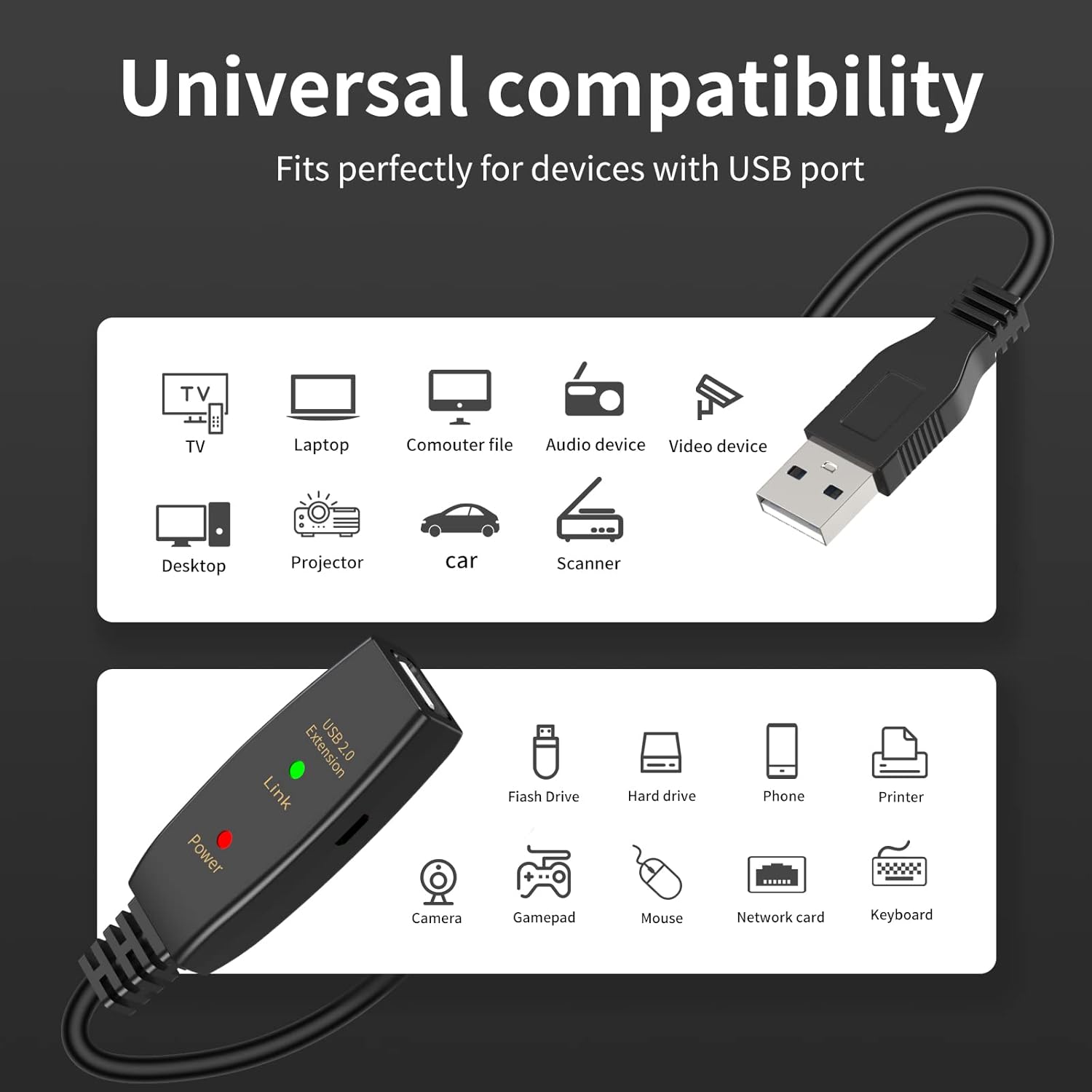 LDKCOK 30FT Active USB Extension Cable 2.0 Male to Female with A Extension chipset Signal Booster - Active Extension/Repeate