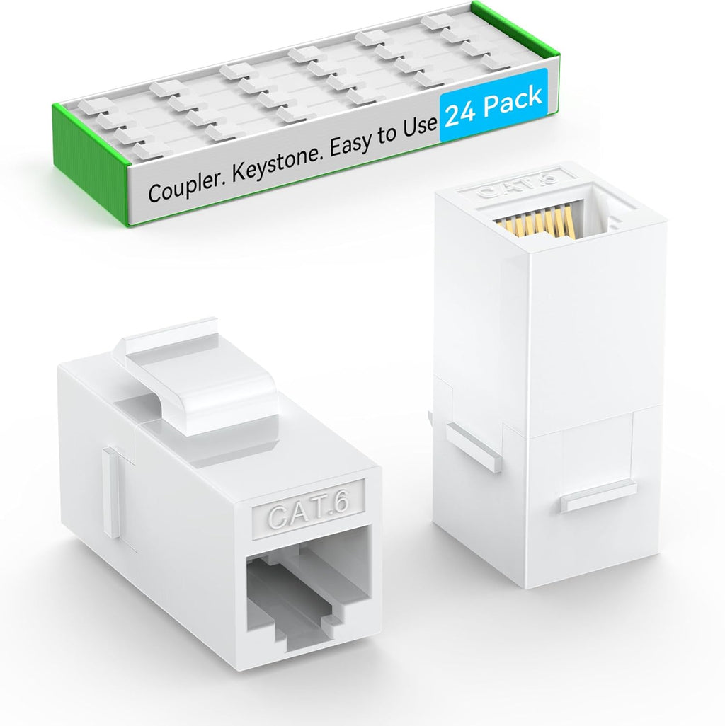 CAT6 RJ45 Keystone Coupler (24 Pack), Cat6 Keystone Jack Female to Female, Cat 6 Inline Keystone Jacks for Wall Plate & Patch Panel, RJ45 Ethernet Coupler White