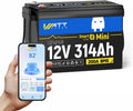 12V 314Ah Mini LiFePO4 Lithium Battery with Bluetooth 5.0, 200A BMS, 4.01kWh Energy, Upgraded Aluminum Cooling Fins & Braided Copper Wires, for RV, Marine, 300ah + LiFePO4 Battery