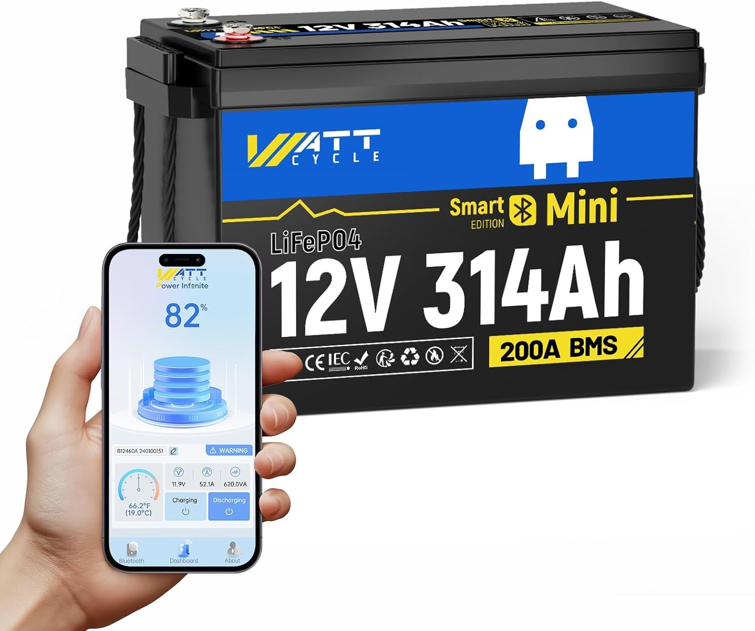 12V 314Ah Mini LiFePO4 Lithium Battery with Bluetooth 5.0, 200A BMS, 4.01kWh Energy, Upgraded Aluminum Cooling Fins & Braided Copper Wires, for RV, Marine, 300ah + LiFePO4 Battery