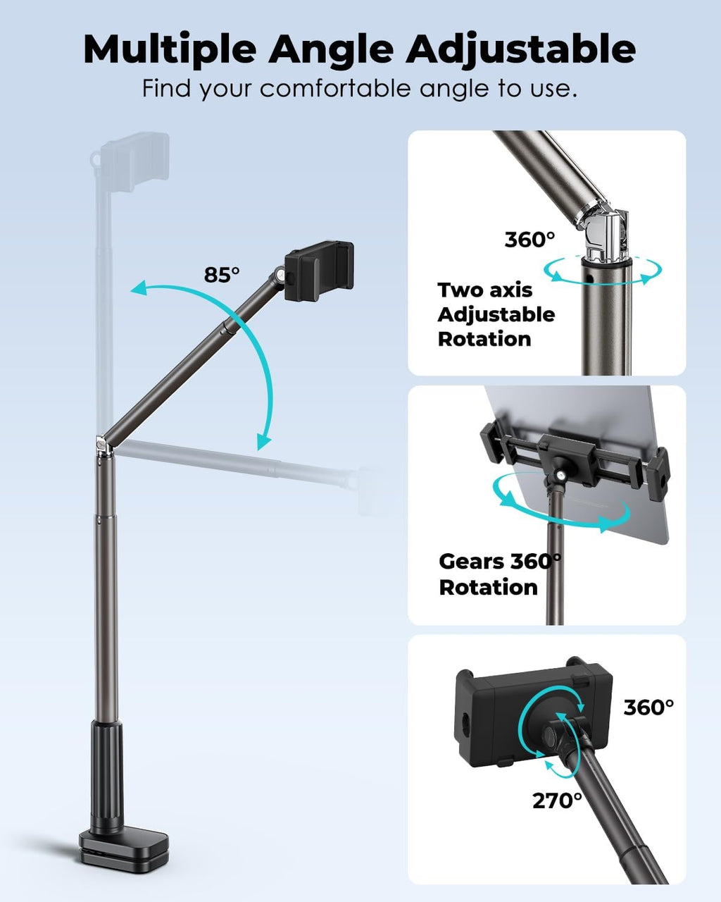 Viozon Tablet Holder Stand, Phone/Kindle Holder with Flexible Aluminum Alloy Long Arm, C Clamp for Headboard Bedside&Table, Compatible with 3.5-11" iPad,Kindle, iPhone 15 14 Plus/Pro Max,B