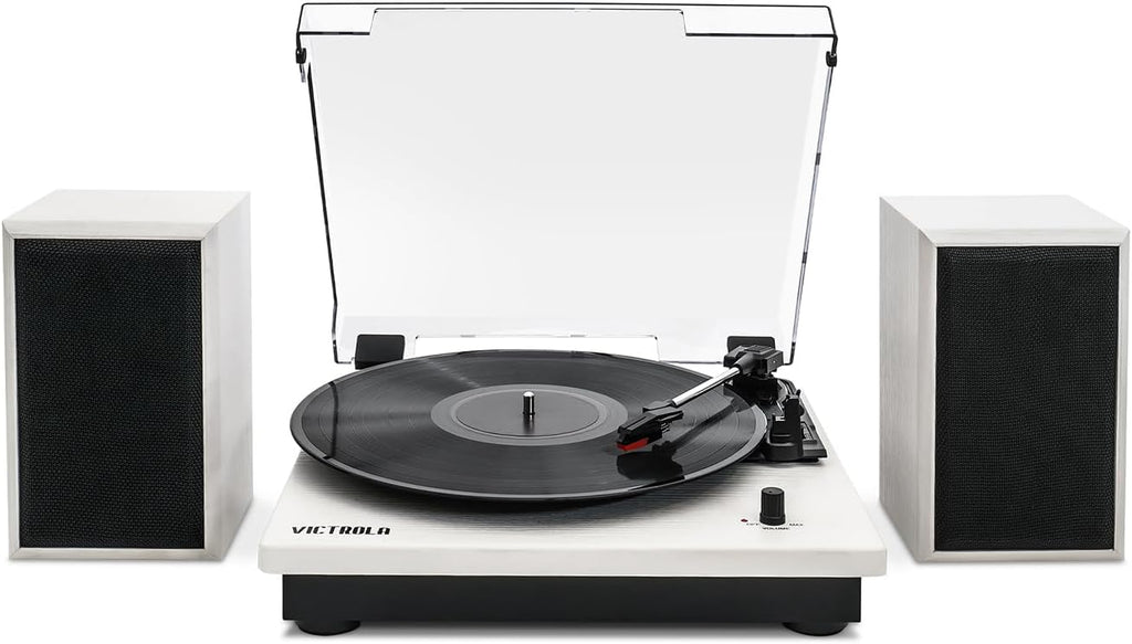 Victrola Montauk Vinyl Record Player, White Wood Finish, 3-Speed Belt Driven Turntable with Stereo Bluetooth Speaker Pair, RCA Output and 3.5mm Headphone Jack, Removable Dust Cover
