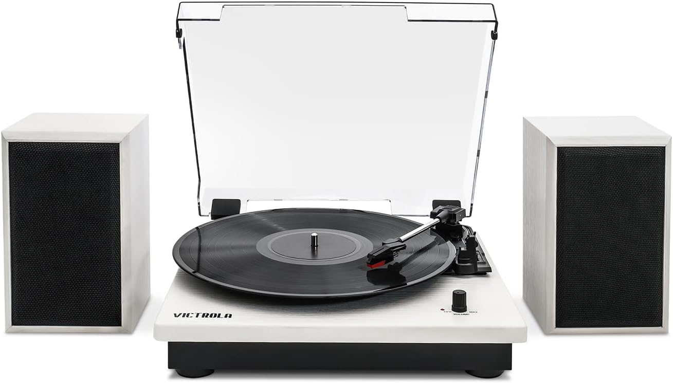 Victrola Montauk Vinyl Record Player, White Wood Finish, 3-Speed Belt Driven Turntable with Stereo Bluetooth Speaker Pair, RCA Output and 3.5mm Headphone Jack, Removable Dust Cover