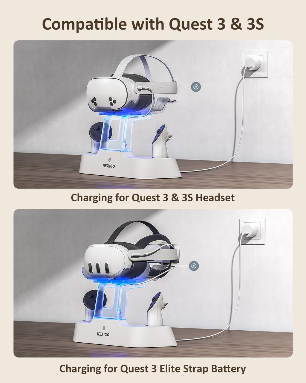 NexiGo Enhanced Charging Dock for Meta Quest 3 and 3S, with LED Light [On/Off], [Support Elite Strap with Battery], Headset Display Holder and Controller Mount, Rechargeable Batteries, White
