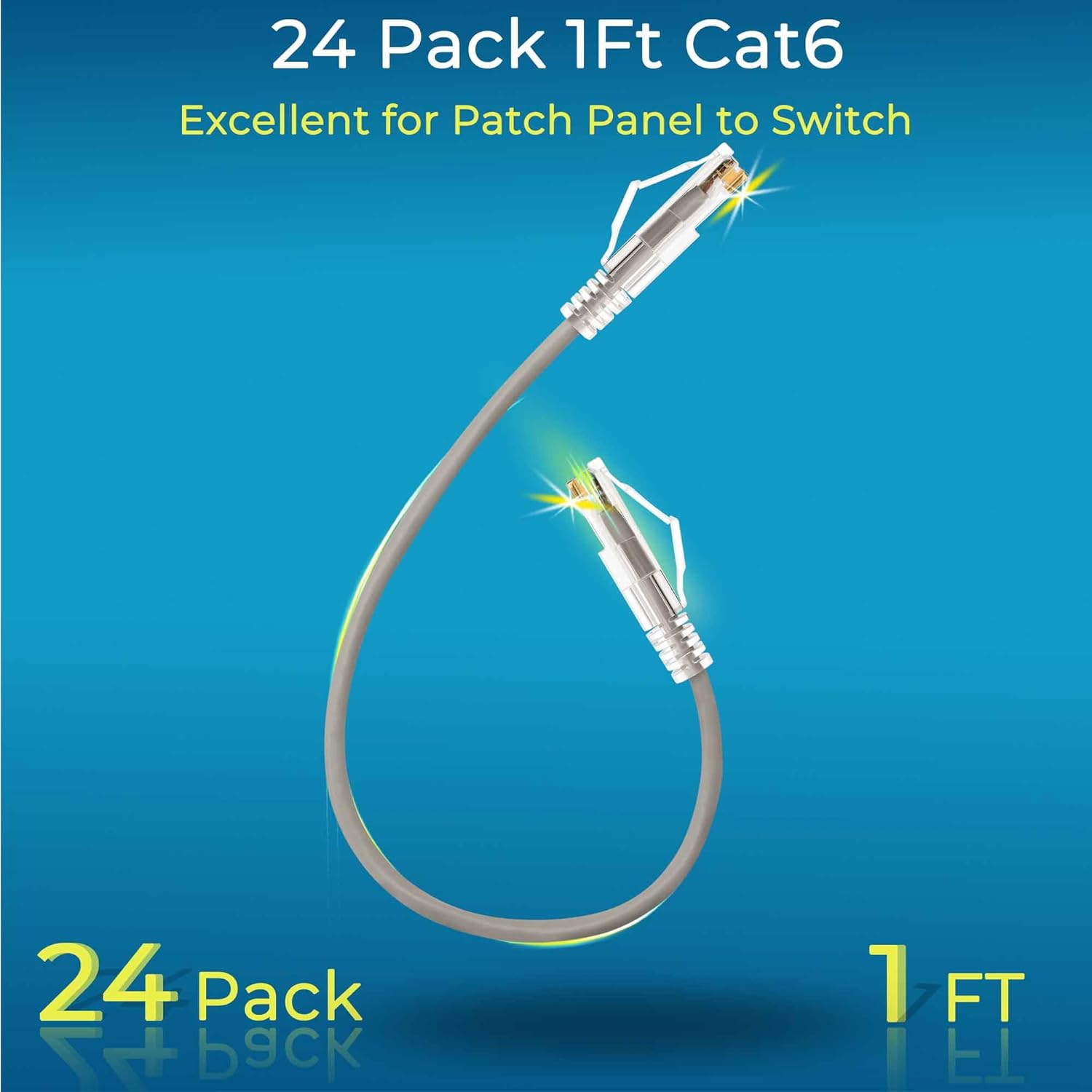 Rapink Patch Cables Cat6/ Cat6a 1ft (24 Pack) Slim, Cat6a Ethernet Patch Cable 10G Support, Snagless Cat 6 Patch Cable for Patch Panel to Switch, Flexiable Cat6 Ethernet Cable Grey