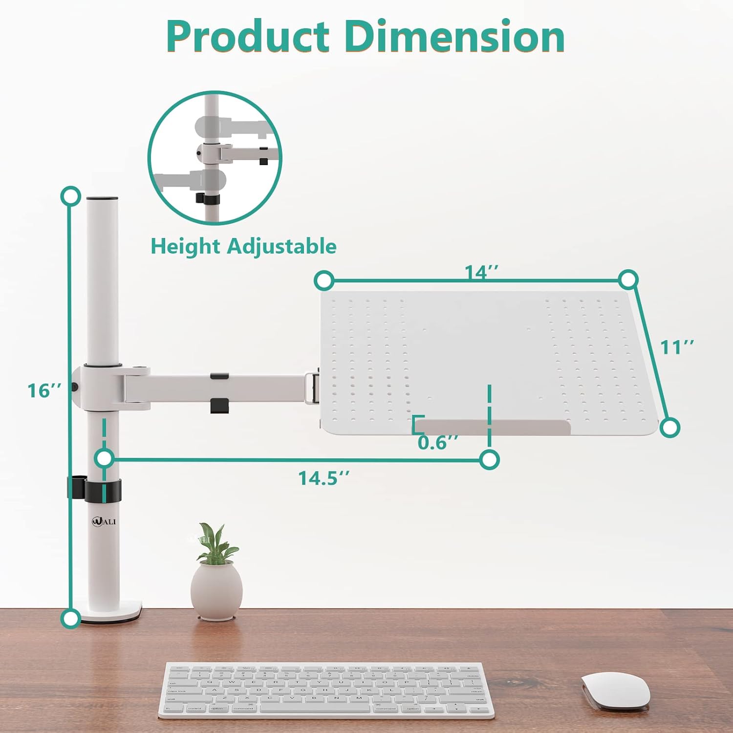 WALI Laptop Mount Arm for Desk, Laptop Tray, Fully Adjustable, up to 17 inch, 22lbs, with Vented Cooling Platform Stand (M00LP-W), White