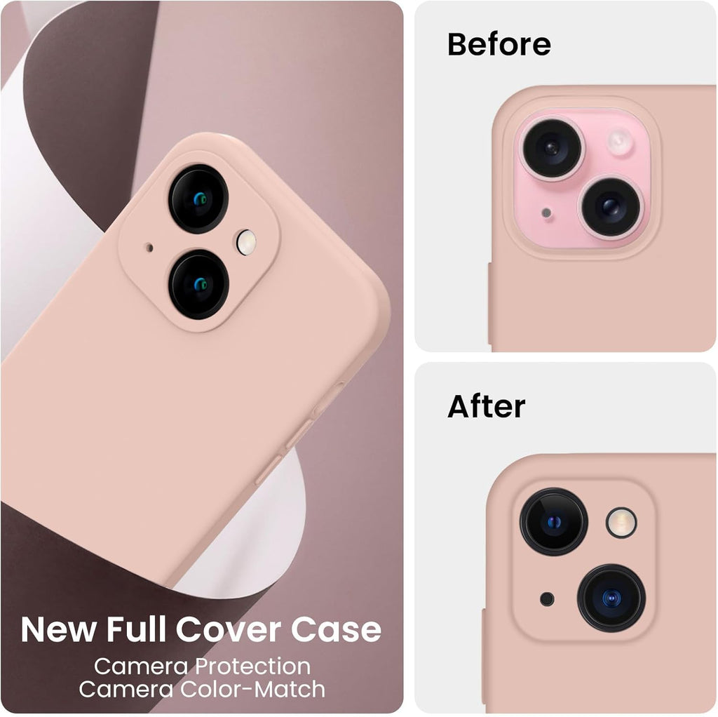 FireNova Designed for iPhone 15 Case, Silicone Upgraded [Camera Protection] Phone Case with [2 Screen Protectors], Soft Anti-Scratch Microfiber Lining Inside, 6.1 inch, Pinksand