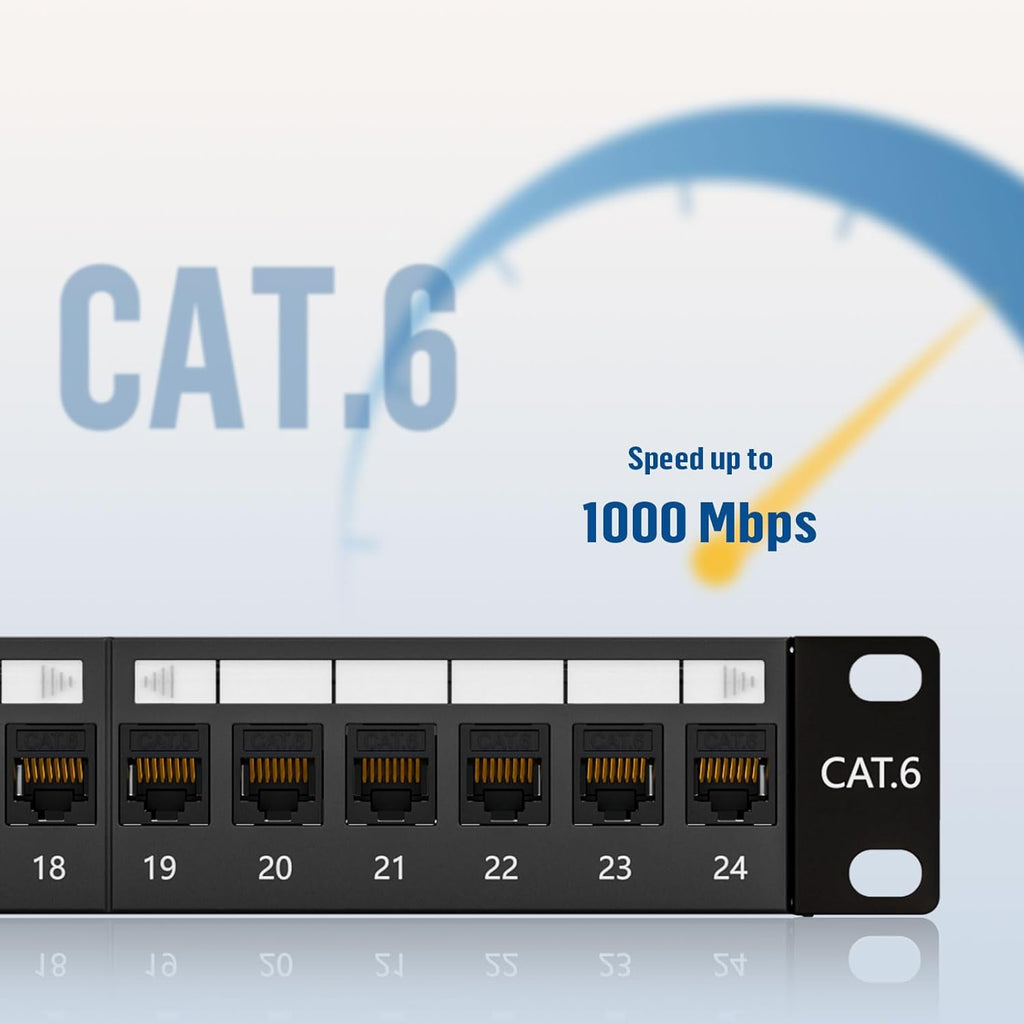 FGB 10Gbps Patch Panel 24 Port, Cat6 Keystone Patch Panel, 19" Rackmount or Wall Mount, 1U with Back Bar, Network Patch Panel for Gigabit Ethernet