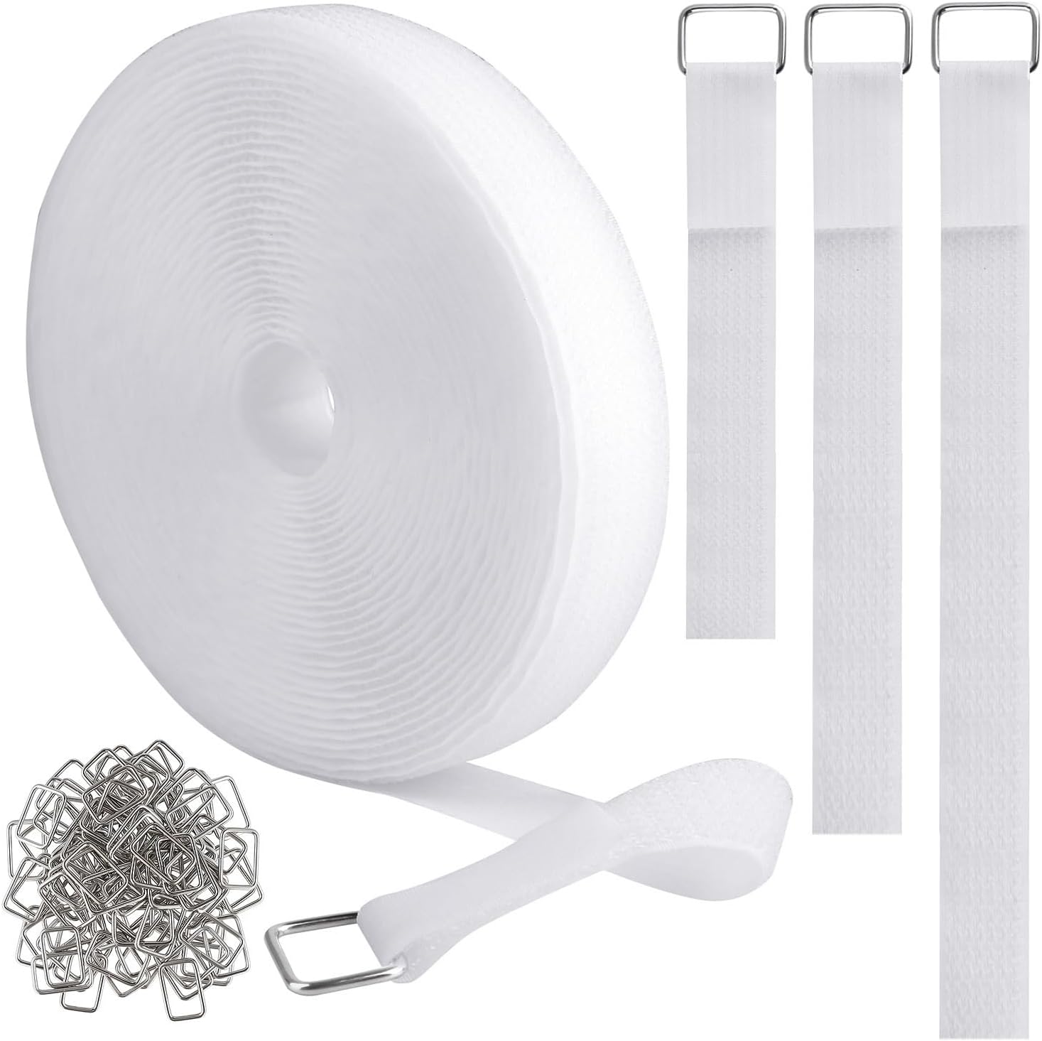 1"x16ft Hook and Loop Straps with 25 Metal Buckles, Adjustable Fastening Cable Straps, Cut-to-Length Cinch Strap, Reusable Nylon Securing Cord Ties for Organizer or Storage, 1 inch Wide, White