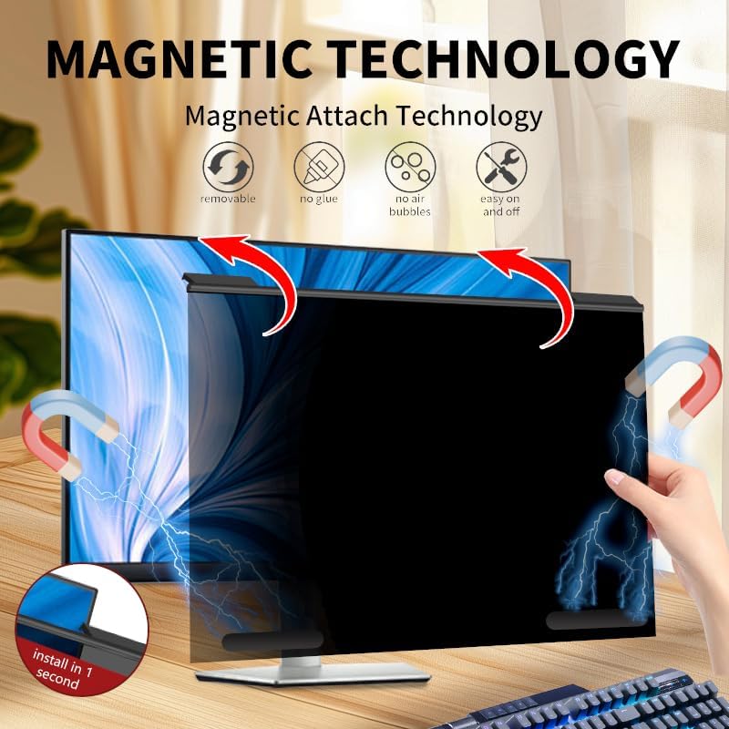 Magnetic Hanging Computer Privacy Screen 32 Inch, Removable Privacy Shield for 16:9 Widescreen Frameless Monitor, Anti Spy Anti Scratch Anti Glare Blue Light Screen Guard
