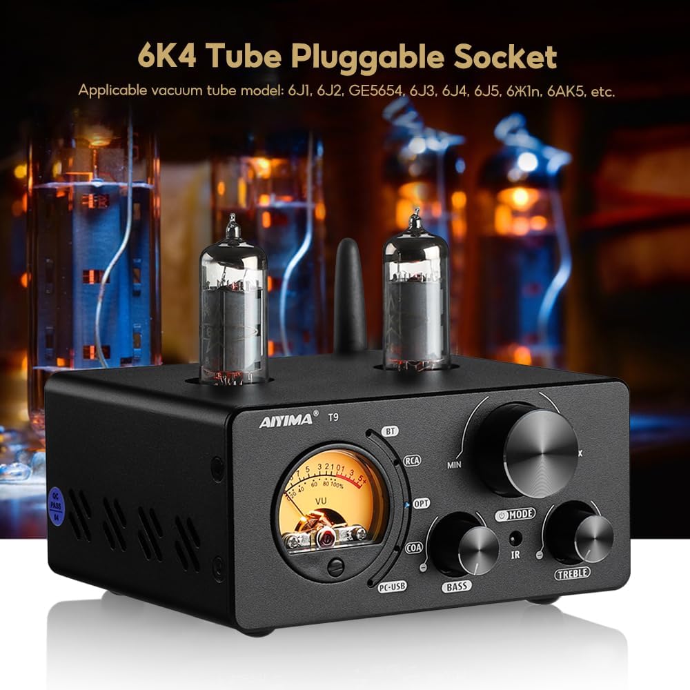 AIYIMA T9 100W*2 Bluetooth Stereo Amplifier Class D Amp 2.0/2.1 Channel Tube Power Amp with PC-USB DAC Coaxial Optical inputs &VU Meter & Bass Treble Tone Control for Home Stereo Speakers