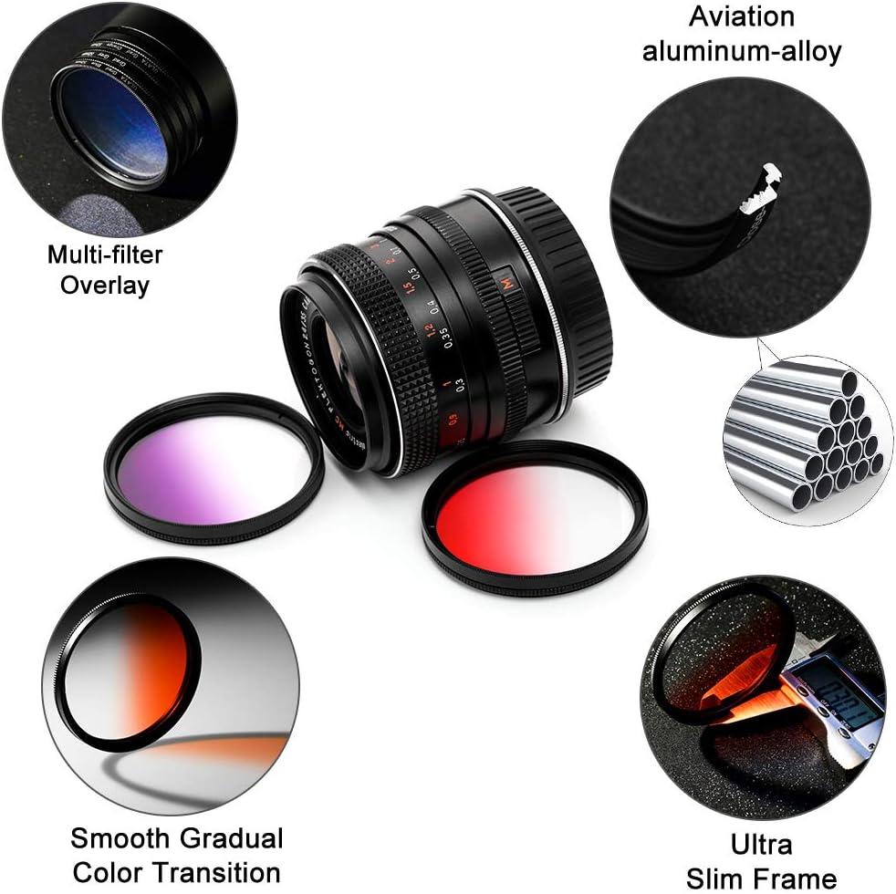 58mm Graduated Color Filters Kit 9 Pieces Gradual Colour Lens Filter Kit Set Accessory for Canon Nikon Sony Pentax Olympus Fuji DSLR Camera + Lens Filter Pouch +Lens Cleaning Cloth