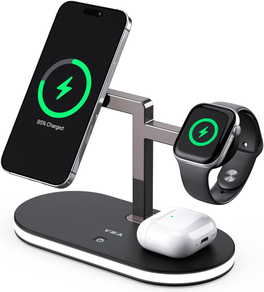 VBA 4 in 1 Wireless Charging Station for Apple MagSafe Charger,Fast Charging Magnetic Wireless Charger Stand with Night Light for iPhone 16 15 14 13 12 Series,Apple Watch,AirPods Pro 2 3 4 (Black)