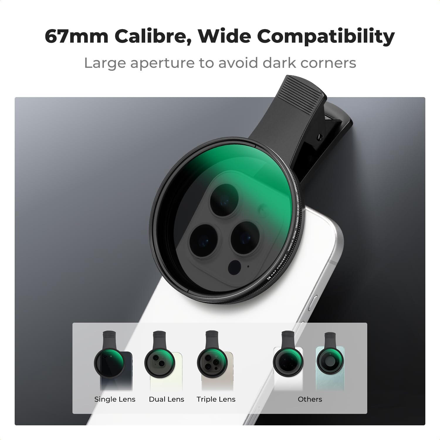 K&F Concept 67mm Clip-on ND2-32 Phone Camera Lens Filter Kit, Multi-Coated Variable Neutral Density Light Reduction Filter Compatible with iPhone 16 15 14 13 12 11 and Other Smart Phone