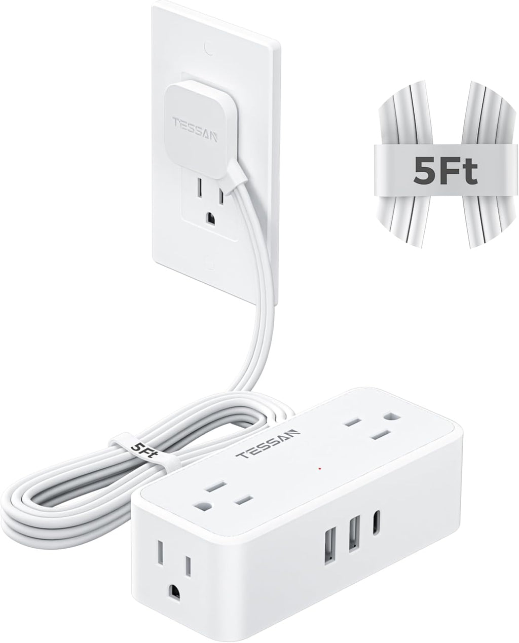 TESSAN 5 FT White Extension Cord, 900J Surge Protector Small Power Strip with 3 USB Ports (1 USB C), Flat Plug Power Strip, Mini Charging Station Suitable for Home Office Dorm