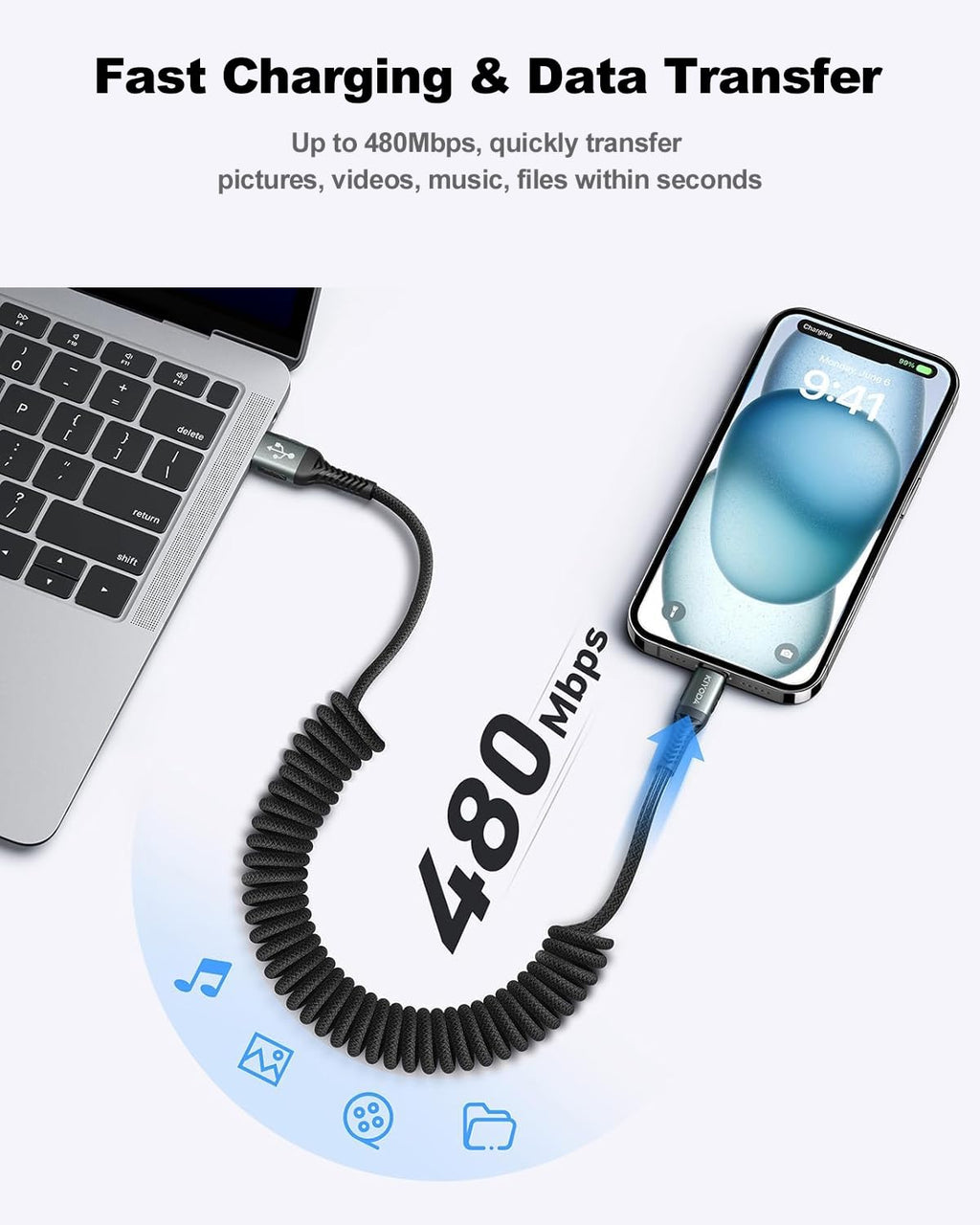 USB C Cable Coiled 6FT 2Pack, Braided USB A to Type C Charger Cable for Car 66W Fast Charging Cord Compatible with iPhone 16 15, iPad, Samsung Galaxy, Google Pixel, Moto, TCL, LG Phones