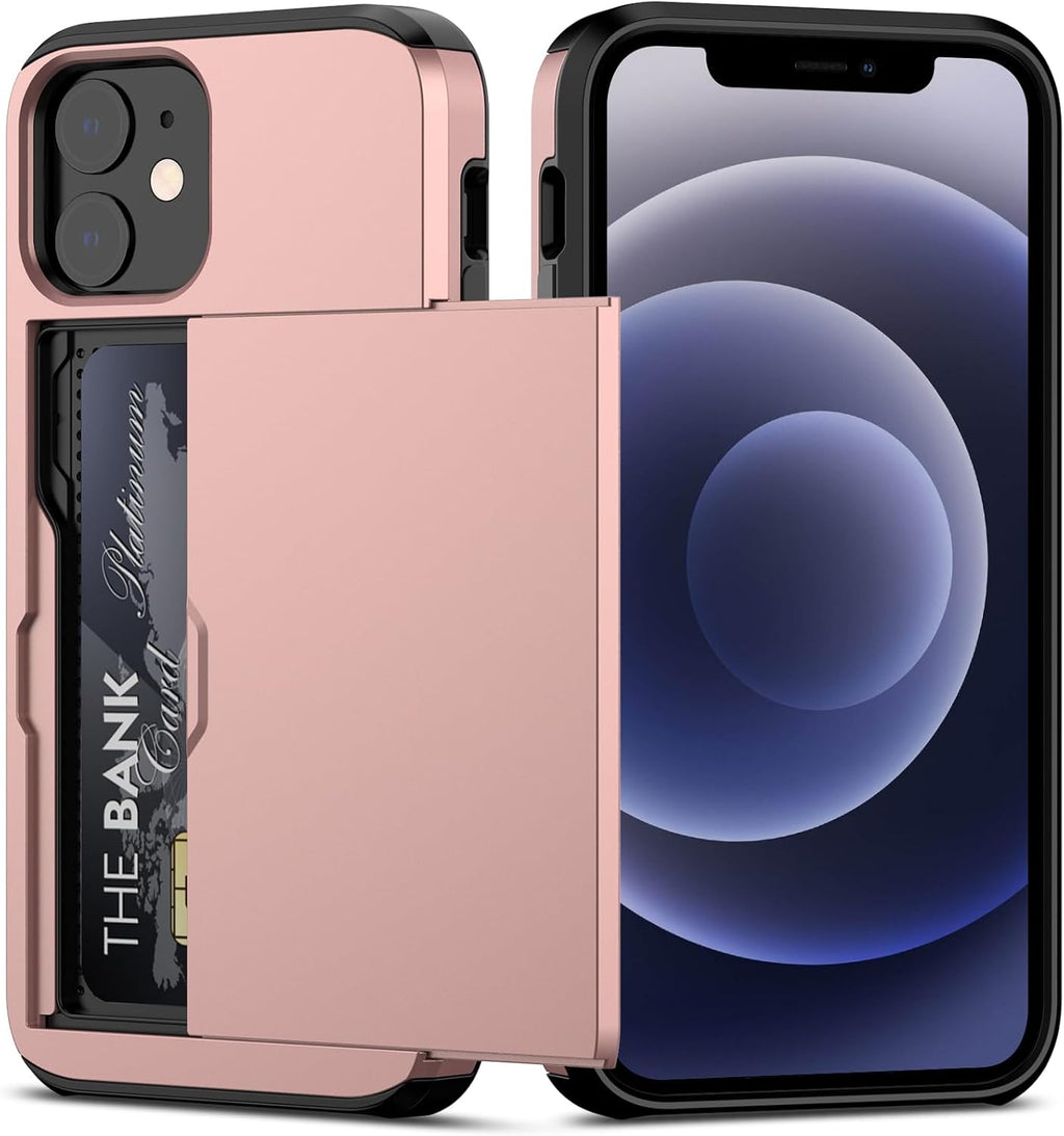 Nvollnoe for iPhone 12 Mini Case with Card Holder Heavy Duty Protective Dual Layer Shockproof Hidden Card Slot Slim Wallet Case for iPhone 12 Mini for Men&Women(Rose Gold)