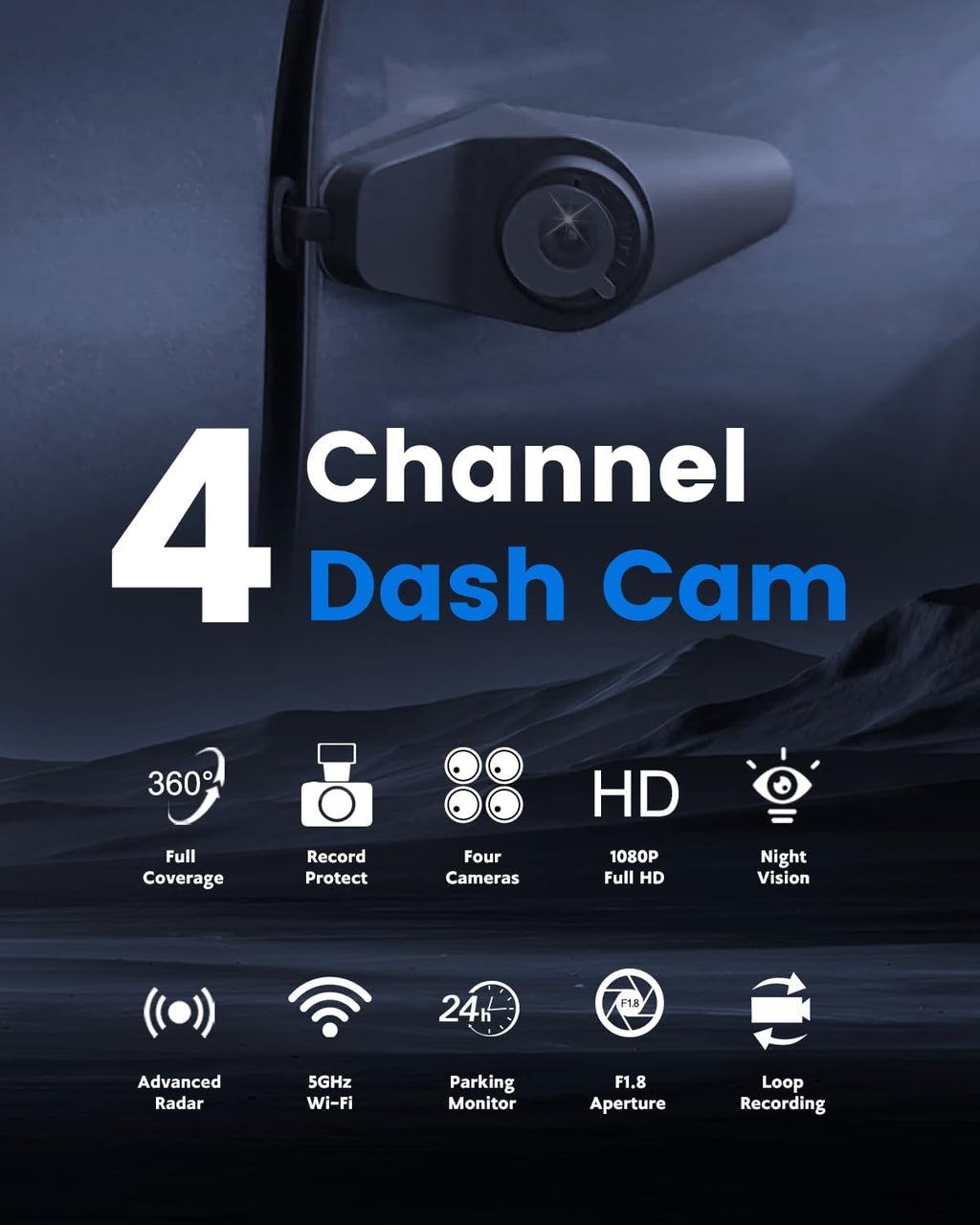 Sprleaf 4-Channel Dash Cam with Front and Rear Cameras, 360° Dashcam,128GB Card Included, 5G Wi-Fi and App Control, Night Vision, WDR, 24-Hour Parking Mode, Collision Detection