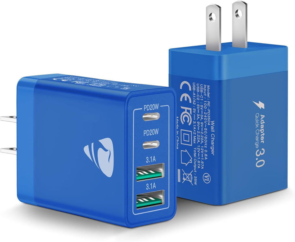 [2-Pack] USB C Wall Charger, 40W Fast USB C Charger Block, 4-Port PD + QC Wall Plug Multiport Type C Charging Block for iPhone 16 15 14 13 12 11 Pro Max XR XS 8 7, Tablets, Cellphones Cube