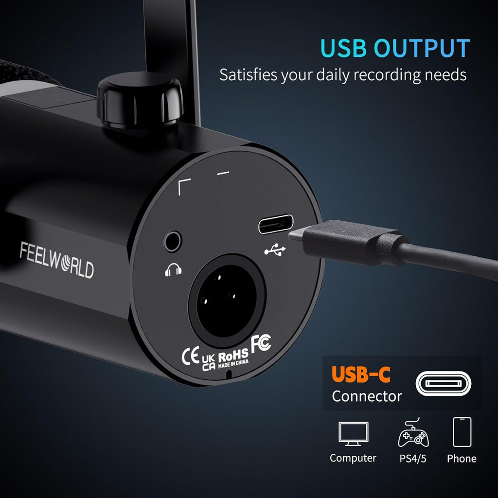 FEELWORLD PM1 XLR USB Dynamic Microphone Gifts for Podcast Recording PC Computer Gaming Live Streaming Vocal Voice-Over, Studio Metal Mic with Voice-Isolating, RGB Light, Mute Button, Headphones Jack