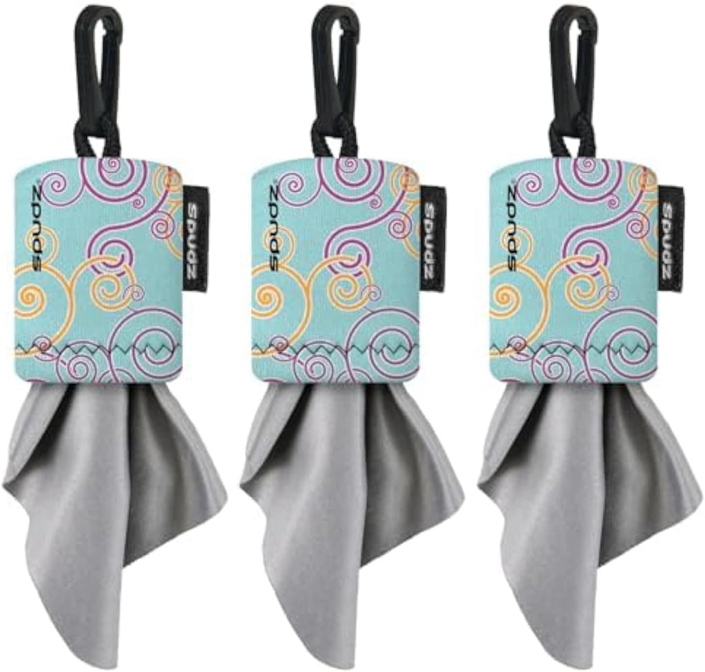 SPUDZ Classic Microfiber Lens Cleaner – Clip-On Pouch, Washable – for Binoculars, Scopes, Glasses, Screens | Baby Blue Swirls, 6 x 6 Inch (3-Pack)