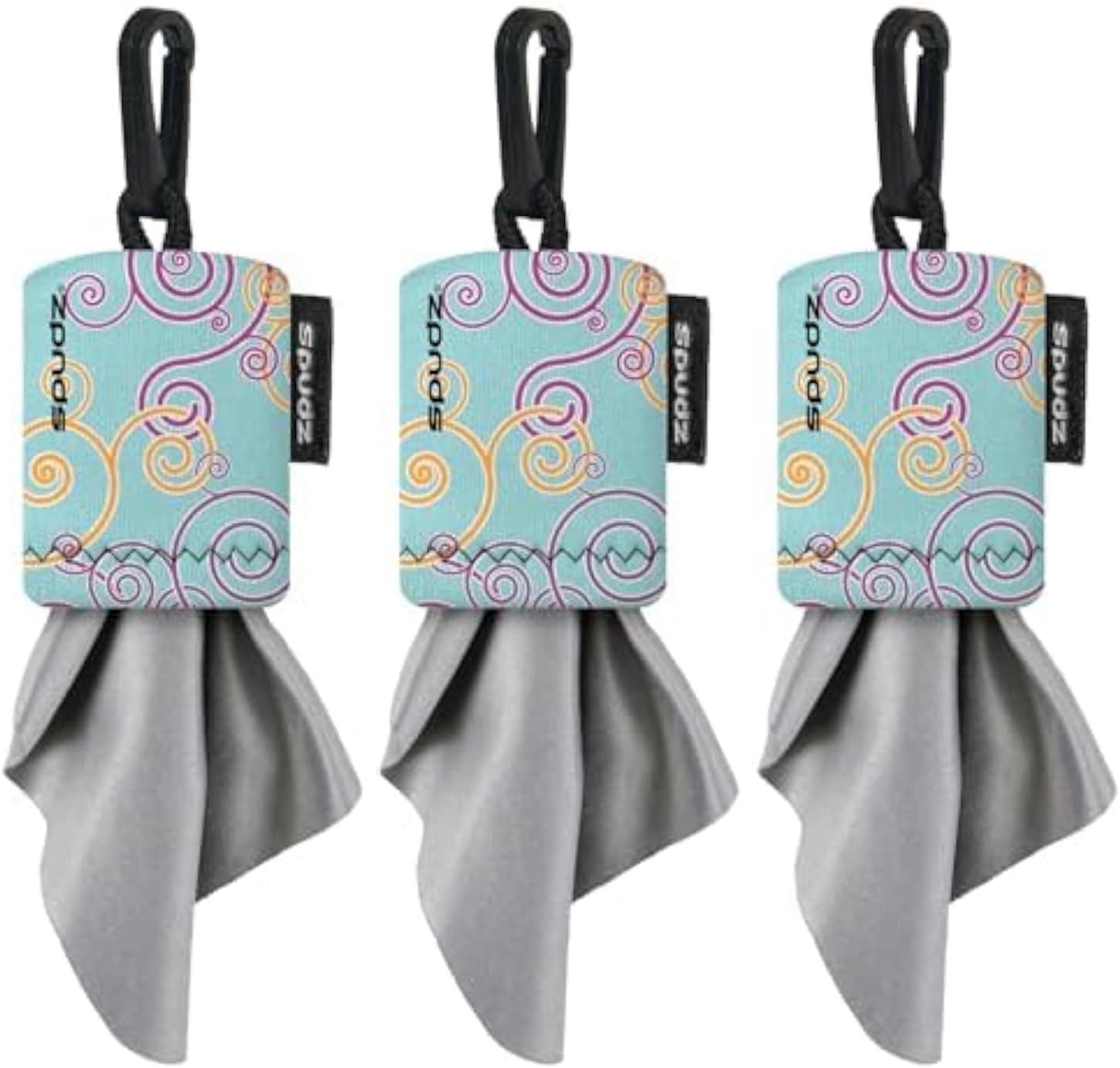 SPUDZ Classic Microfiber Lens Cleaner – Clip-On Pouch, Washable – for Binoculars, Scopes, Glasses, Screens | Baby Blue Swirls, 6 x 6 Inch (3-Pack)