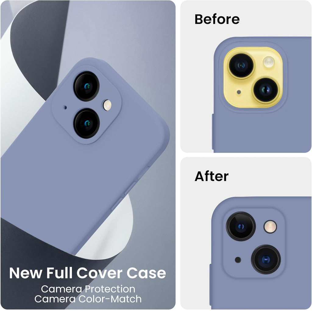 FireNova Designed for iPhone 14 Case, Silicone Upgraded [Camera Protection] Phone Case with [2 Screen Protectors], Soft Anti-Scratch Microfiber Lining Inside, 6.1 inch, Lavender Gray