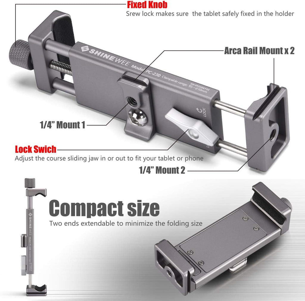 Full Metal Tablet Tripod Holder – Compatible with iPad mini, Air, Pro | 1/4" Screw & ARCA Dovetail Mounts | Universal Tablet Clamp Adapter
