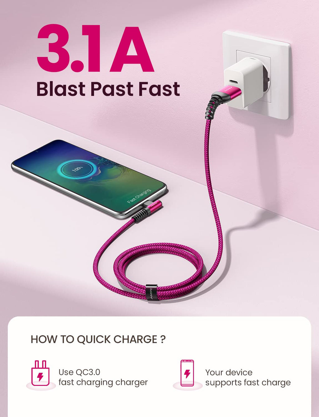 AINOPE Type C Cable [2-Pack, 6.6ft] 3.1A Type C Charger Fast Charging Right Angle, Resistant Nylon Braided S9 Charger Compatible with Galaxy S10 S9 Plus S21, Note 10 9 LG, USB C Cable