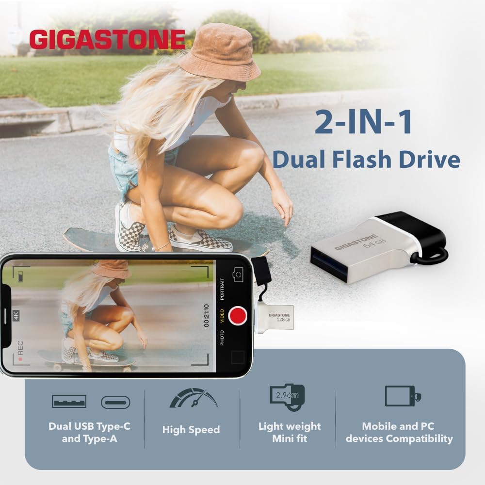 GIGASTONE 128GB Nano Luxus Dual Drive, Z50 USB 3.2 Gen 1, 2-in-1 USB-A & Type-C, 100MB/s Ultra Fast, Cap Design, Metal, Plug & Play for Smartphone/PC/Mac/TV/Car, 2.0/3.0/3.1 Compatible