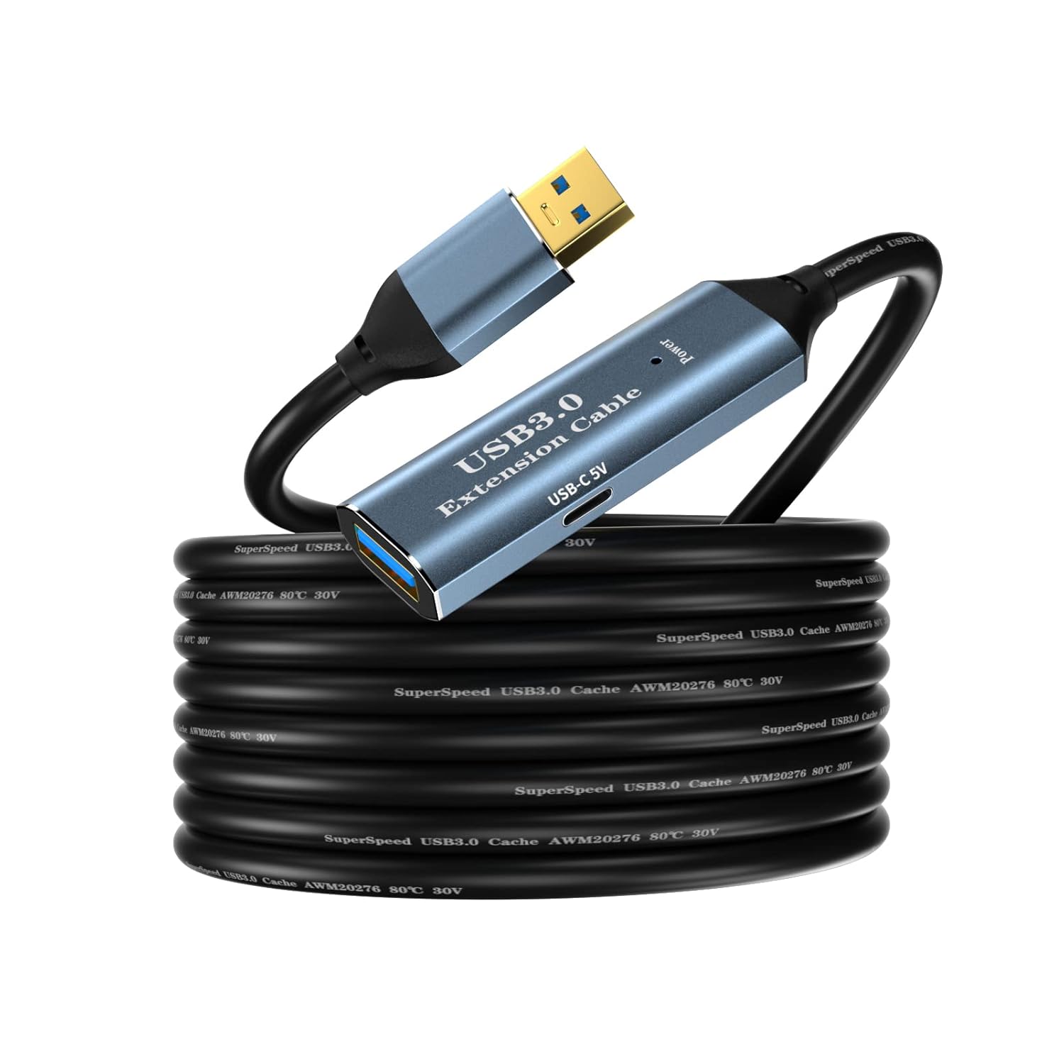 USB 3.0 Extension Cable 16.4FT Type A Male to Female Active Extender Cord with 1 Extension Chipsets Signal Booster and 1 USB-C Charging Port, for Webcam, PlayStation, Printer, Camera