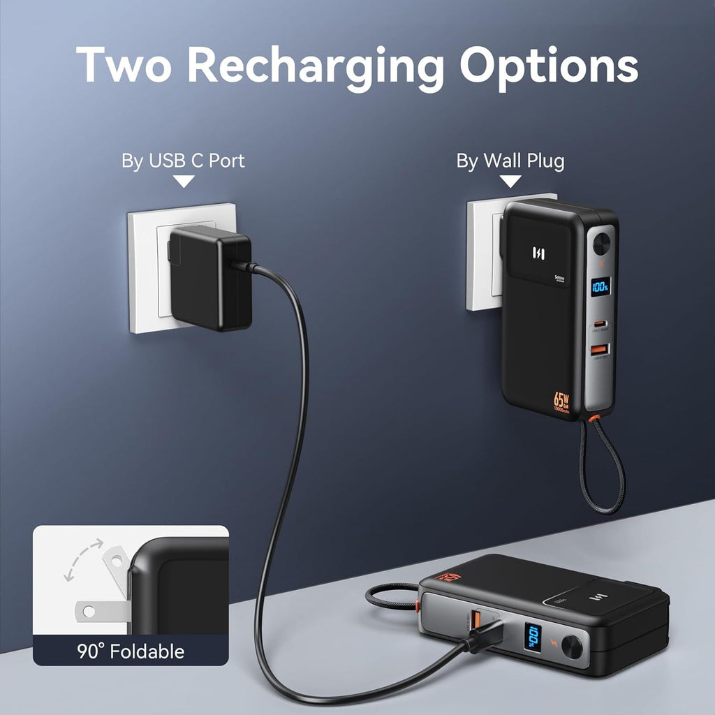 Fast Charging Portable Charger Power Bank 10,000mAh PD35W USB-C Battery Pack with 65W GaN Wall Charger, Built in USB C Cable for iPhone 16/1514/13 Series, Laptop, Samsung, Pixel, MacBook, Dell