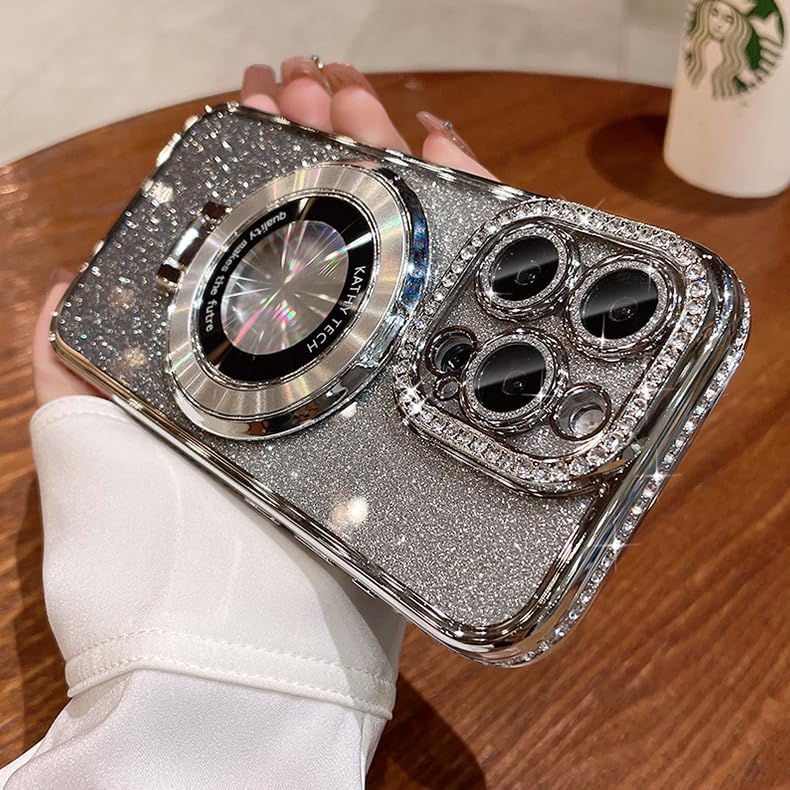 Magnetic Kickstand (Glitter Lens Protector ) Case for iPhone 15 14 13 12 Pro Max (Compatible with Magsafe ) Sparkling Diamond Cover Glitter Shiny Rhinestone Cases (Silver,for iPhone 15 Plus)
