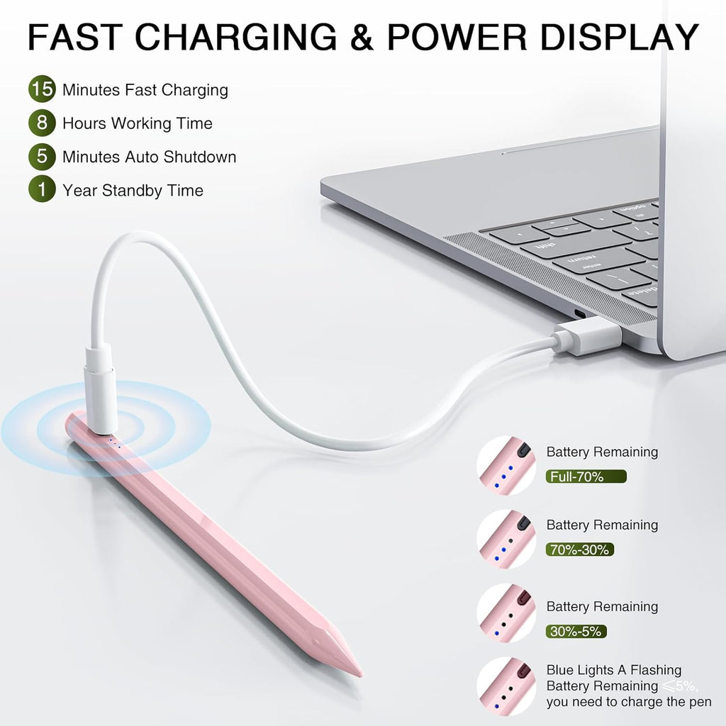 Pen for iPad 2018-2025, HATOKU 15 Mins Fast Charging Pencil 1st Gen with Tilt & Palm Rejection Compatible with iPad Air 3/4/5/M2/M3, iPad mini 5/6, iPad 6/7/8/9/10/11, iPad Pro 11"/12.9"/M4 (Pink)