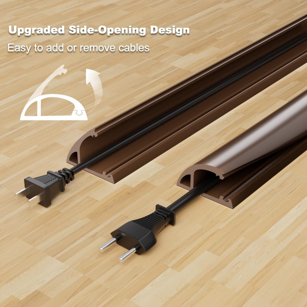 10FT Side-Open Extension Cord Covers for Wires on Floor,Silicone Power Cable Protector Cord Hider Management Strip,Hide Electric Wire on Carpet,Chord Runner Protective Safety Wiremold,Brown