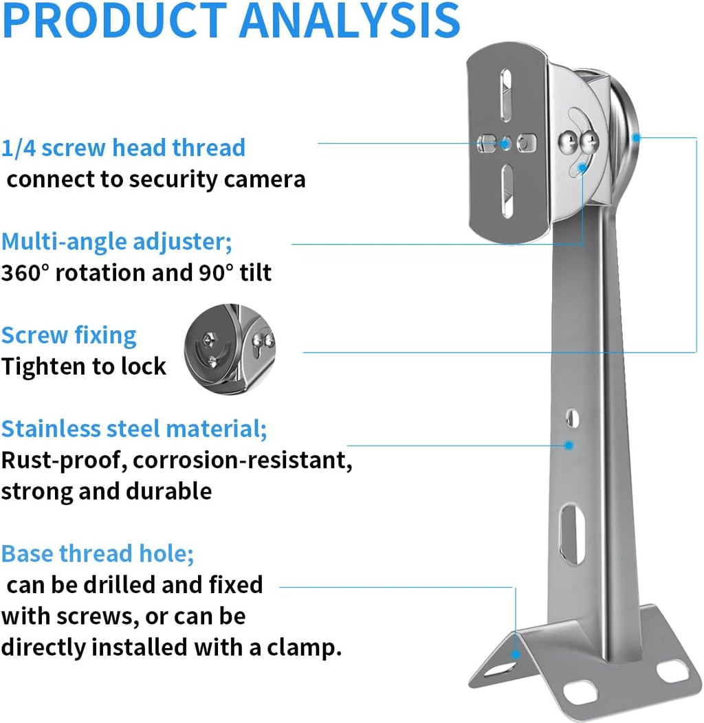 ZT-NET Security Camera Corner Pole Mounting Bracket Stainless Steel Mount with Extension Arm for Surveillance Systems Compatible with CCTV IP Cameras Indoor and Outdoor (Not Included Camera