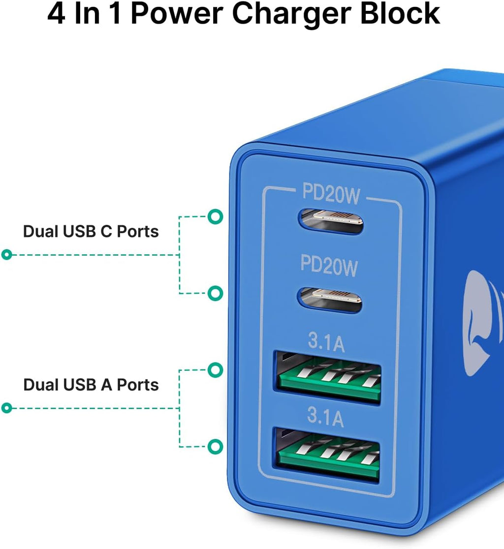 [2-Pack] USB C Wall Charger, 40W Fast USB C Charger Block, 4-Port PD + QC Wall Plug Multiport Type C Charging Block for iPhone 16 15 14 13 12 11 Pro Max XR XS 8 7, Tablets, Cellphones Cube