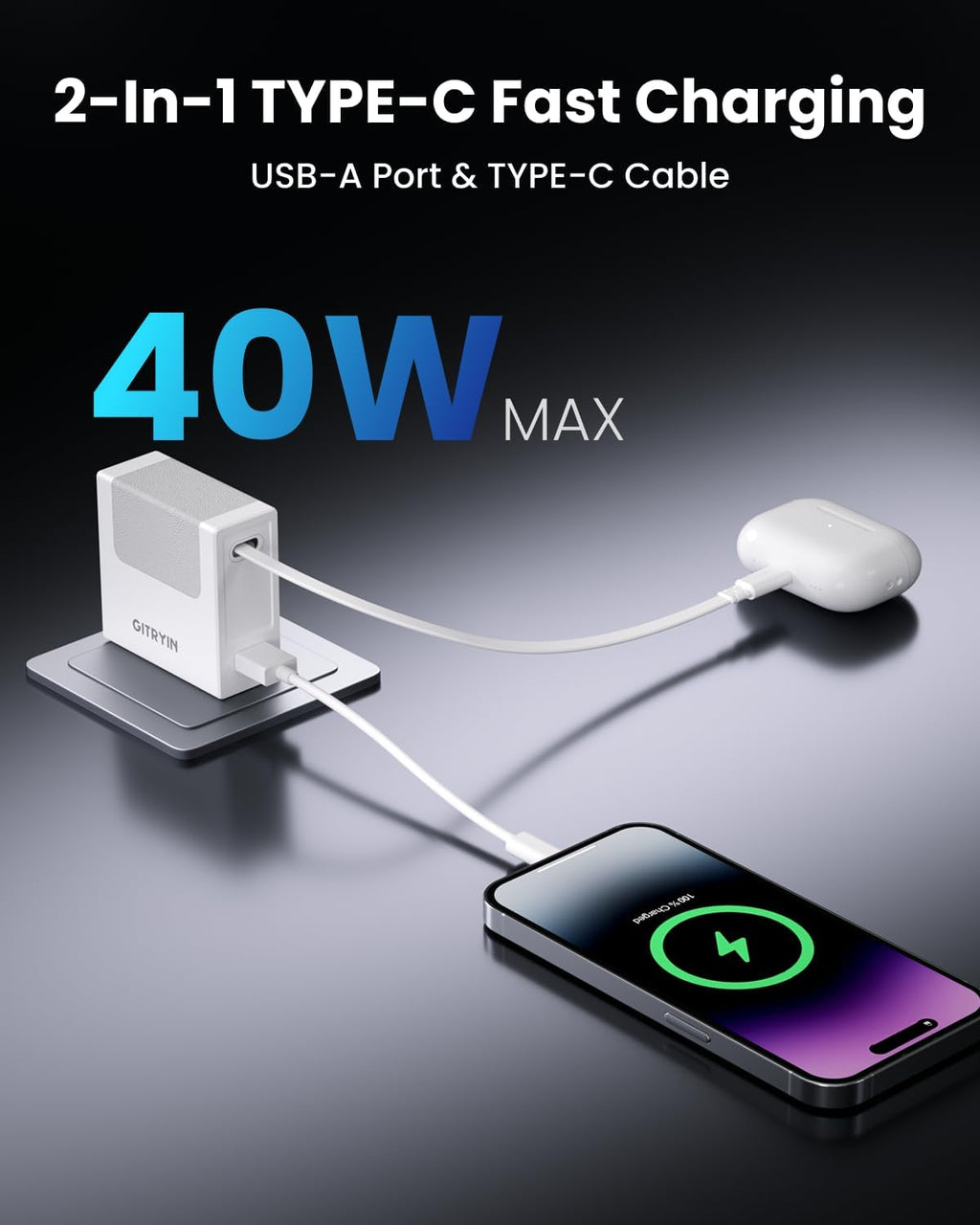 Portable Phone Charger Block, Retractable Wall Charger with 31.5in Type-C Cable, 40W PD Fast Charging Block with USB A Port, Power Adapter with Foldable Plug for iPhone 16/15, Galaxy S23 22