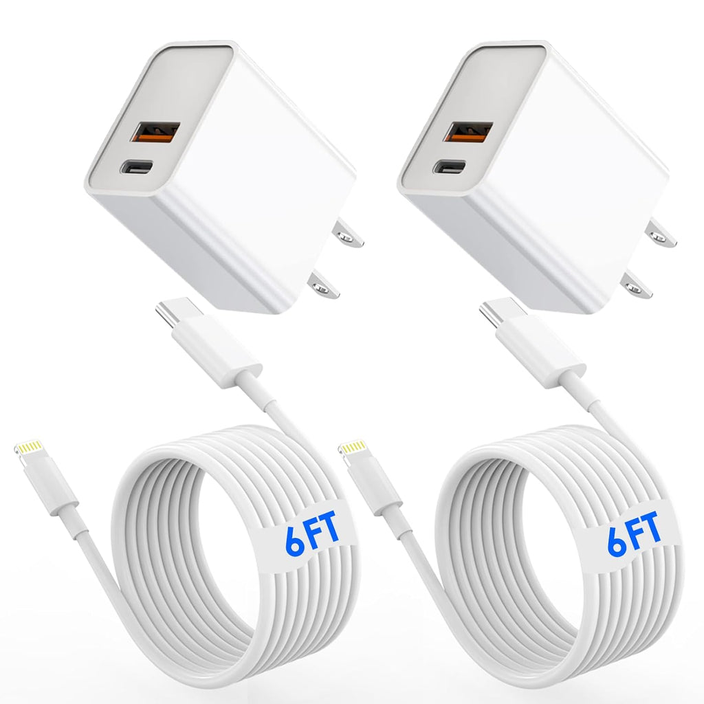 iPhone Fast Charger,[MFi Certified]2Packs 20W Dual Port PD/QC3.0 USB C Wall Charger with 6FT USB C to Lightning Cable Data Sync Cord For Apple iPhone 14 13 12 11 Pro Max X Xr Xs Max 8Plus, AirPods Pro