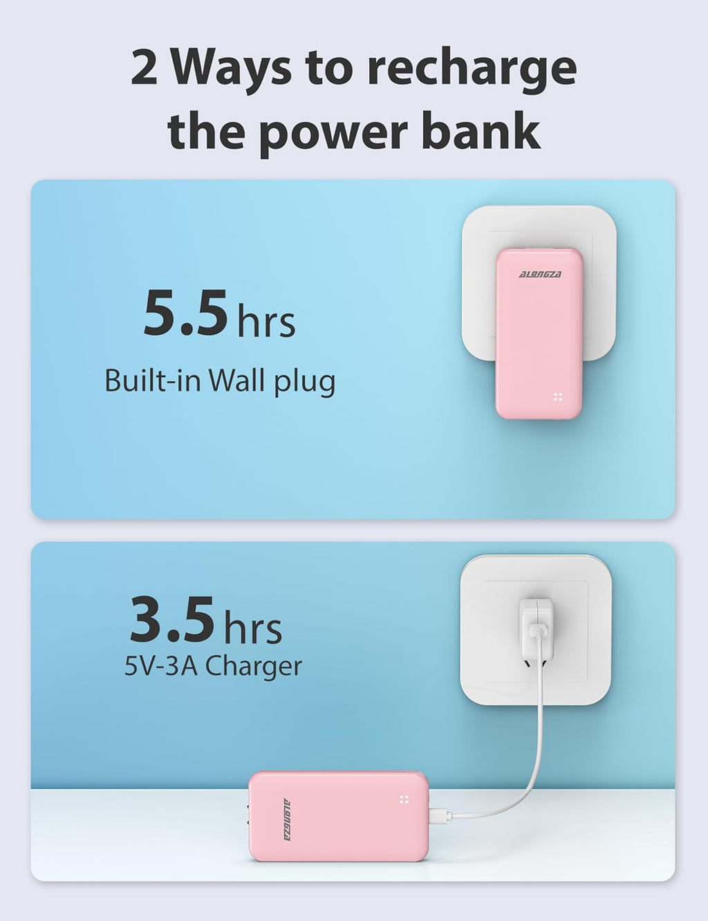 Alongza Portable Charger Built-in Cables and AC Wall Plug, Slim Fast Charging Power Bank 10000mAh, Lightweight USB C External Battery Pack Compact Travel Cell Phone Charger, 2 Pack Black & Pink