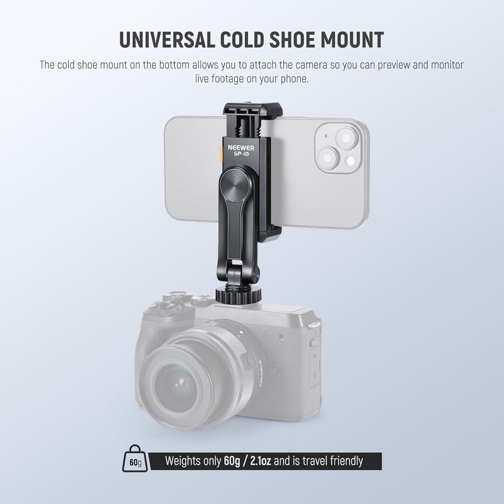Neewer Basic Phone Tripod Mount Holder with 1/4" Thread & Cold Shoe, 2.36"-3.54"/6-9cm 360° Rotatable Camera Mount Cellphone Clamp for iPhone 15 14 13 12 11 Pro Max X XR Samsung S24 Ultra, SP-10