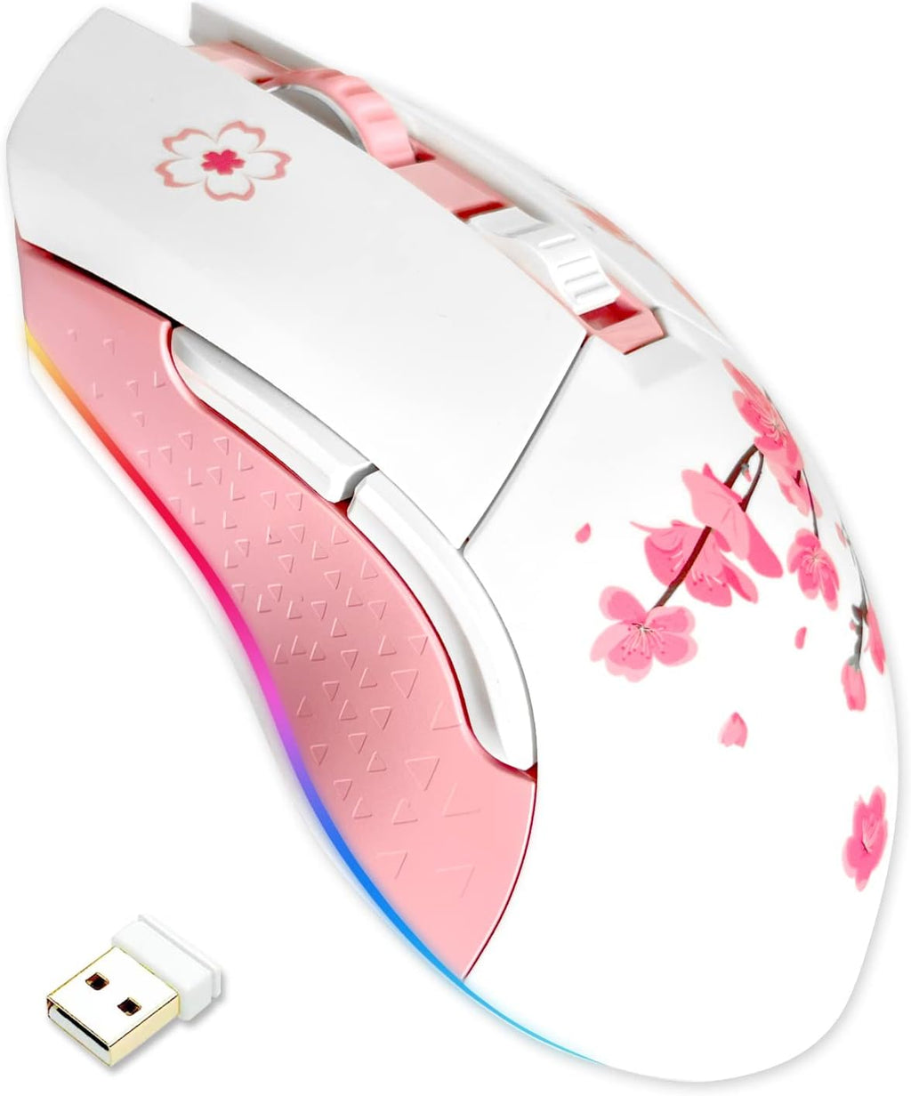 DAREU Sakura Pink Wireless Wired Gaming Mouse, Dual-Mode Rechargeable 6 Programmable Buttons,10K DPI,RGB and 7 Adjustable DPI Levels up to [150IPS] [1000Hz Polling Rate] for PC Notebook Mac