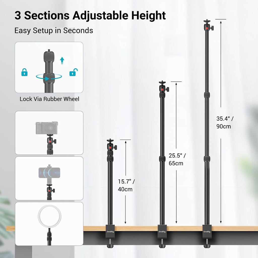 SmallRig Camera Desk Mount Table Stand, Adjustable Light Stand 15"-35", Tabletop C Clamp for DSLR Camera, Ring Light, Live Streaming, Photo Video Shooting